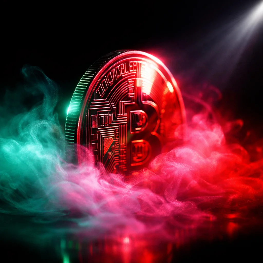 Gloeiende Bitcoin munten in neon roze en jade licht